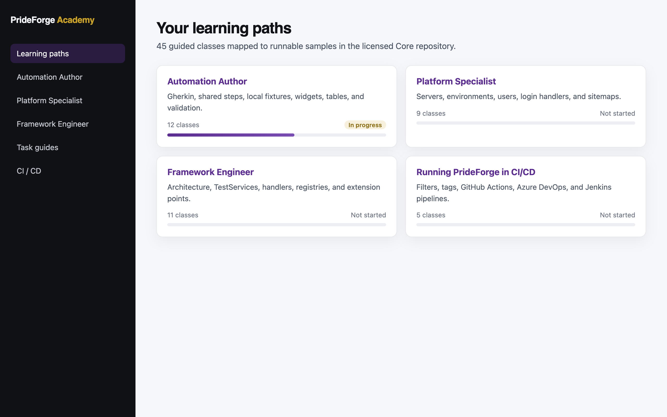 PrideForge Academy dashboard with learning paths and progress tracking