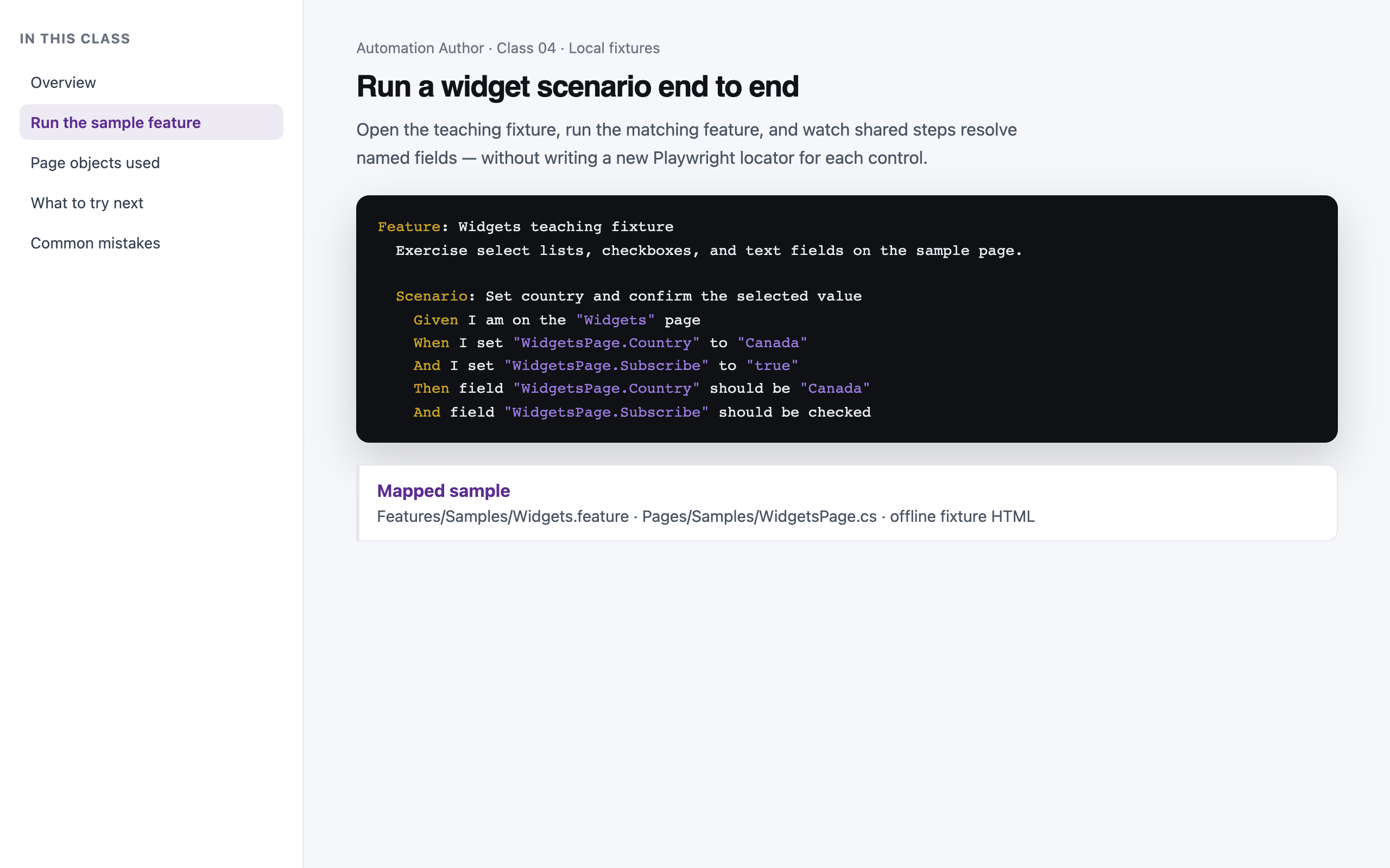 Academy lesson page with course navigation and an embedded Gherkin feature file