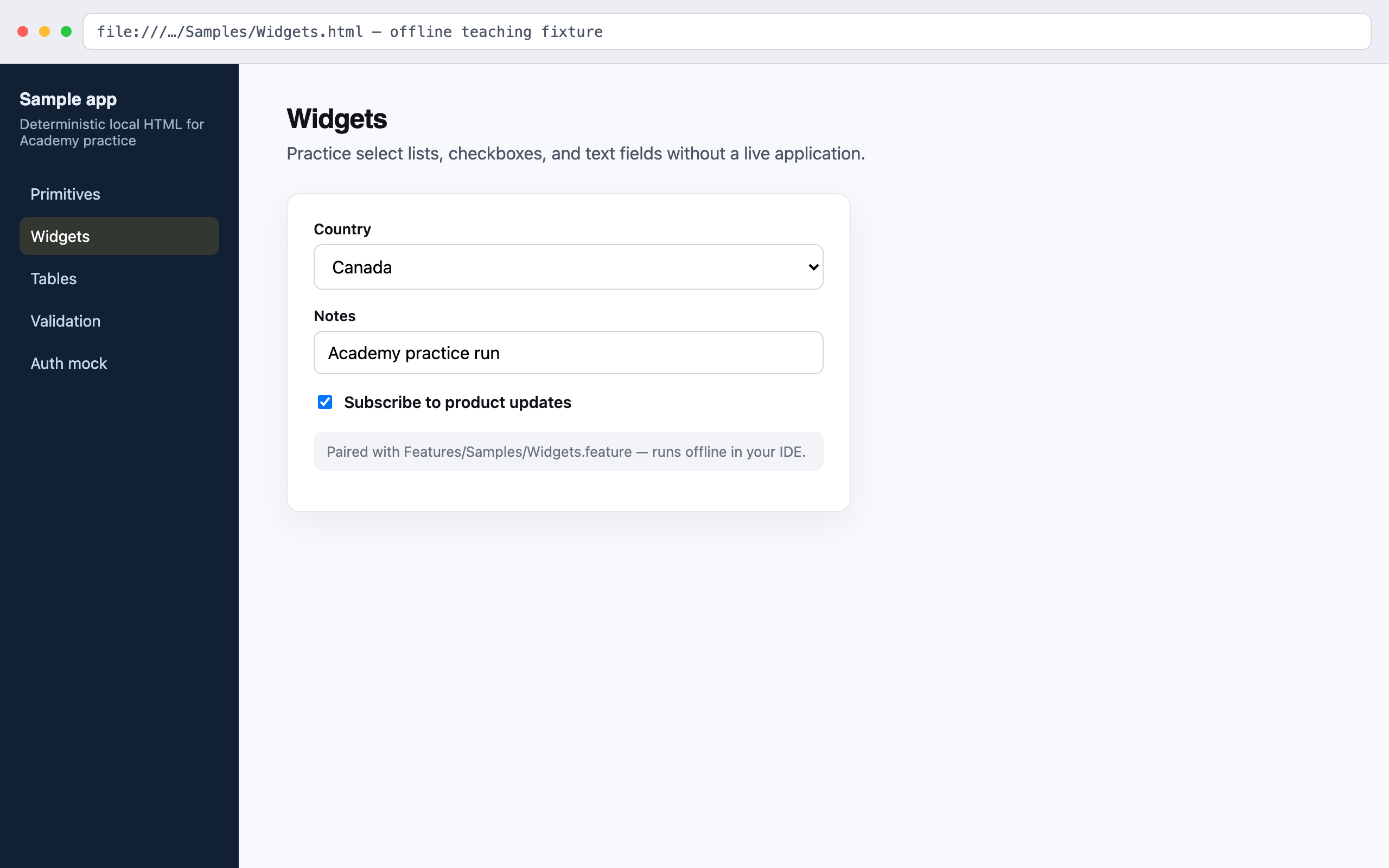 Offline teaching fixture Widgets page with country select and form controls